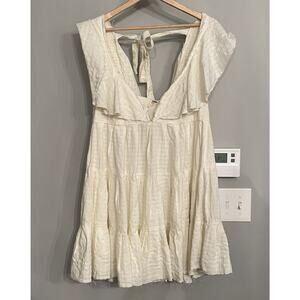 Free People Undone Mini Dress Women's Ecru Wash XL Off Deep V Tiered Boho Beachy